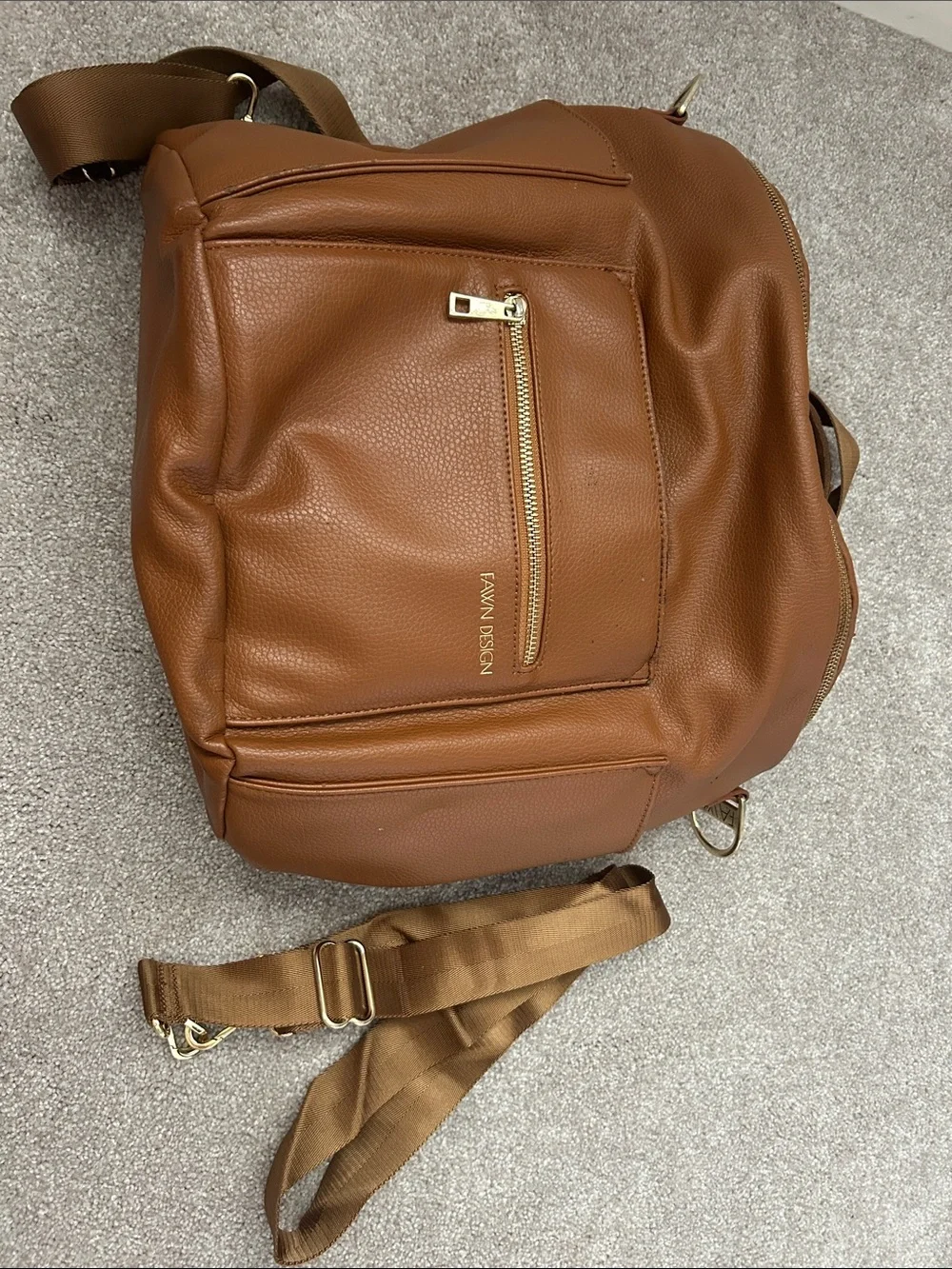Fawn Design Leather-Look Saddle Brown Backpack with Gold Hardware